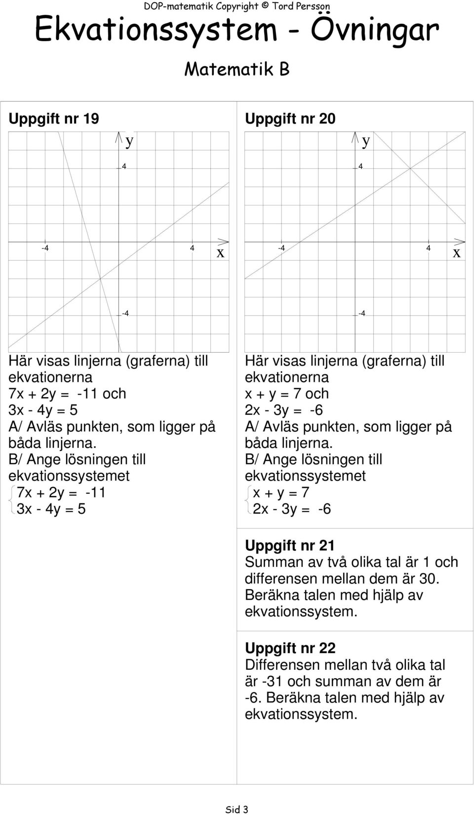 B/ Ange lösningen till ekvationssystemet 7x + 2y = -11 3x - 4y = 5 Här visas linjerna (graferna) till ekvationerna x + y = 7 och 2x - 3y = -6 A/ Avläs  B/ Ange