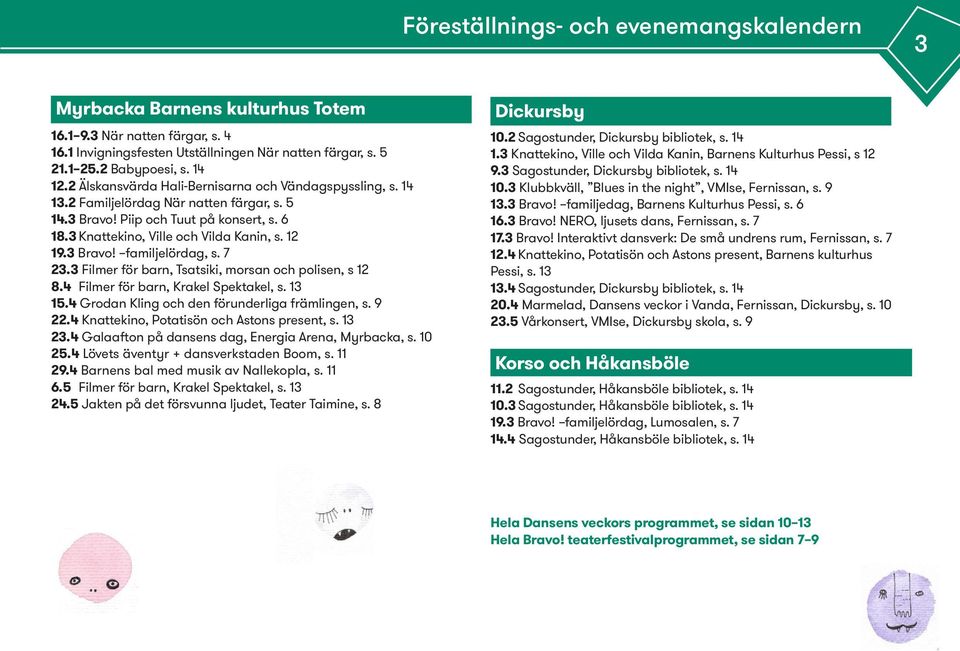 3 Bravo! familjelördag, s. 7 23.3 Filmer för barn, Tsatsiki, morsan och polisen, s 12 8.4 Filmer för barn, Krakel Spektakel, s. 13 15.4 Grodan Kling och den förunderliga främlingen, s. 9 22.
