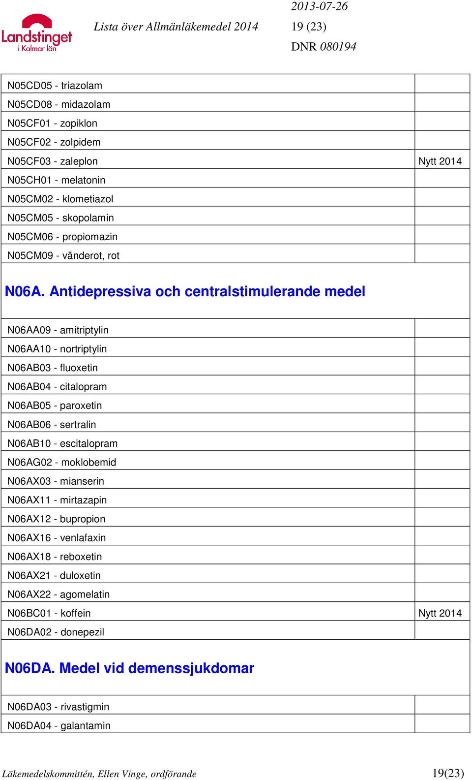 Antidepressiva och centralstimulerande medel N06AA09 - amitriptylin N06AA10 - nortriptylin N06AB03 - fluoxetin N06AB04 - citalopram N06AB05 - paroxetin N06AB06 - sertralin N06AB10 - escitalopram