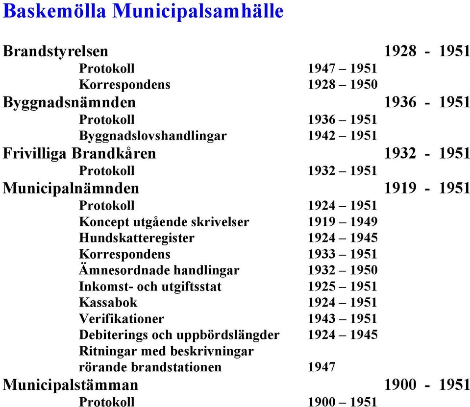 skrivelser 1919 1949 Hundskatteregister 1924 1945 Korrespondens 1933 1951 Ämnesordnade handlingar 1932 1950 Inkomst- och utgiftsstat 1925 1951 Kassabok