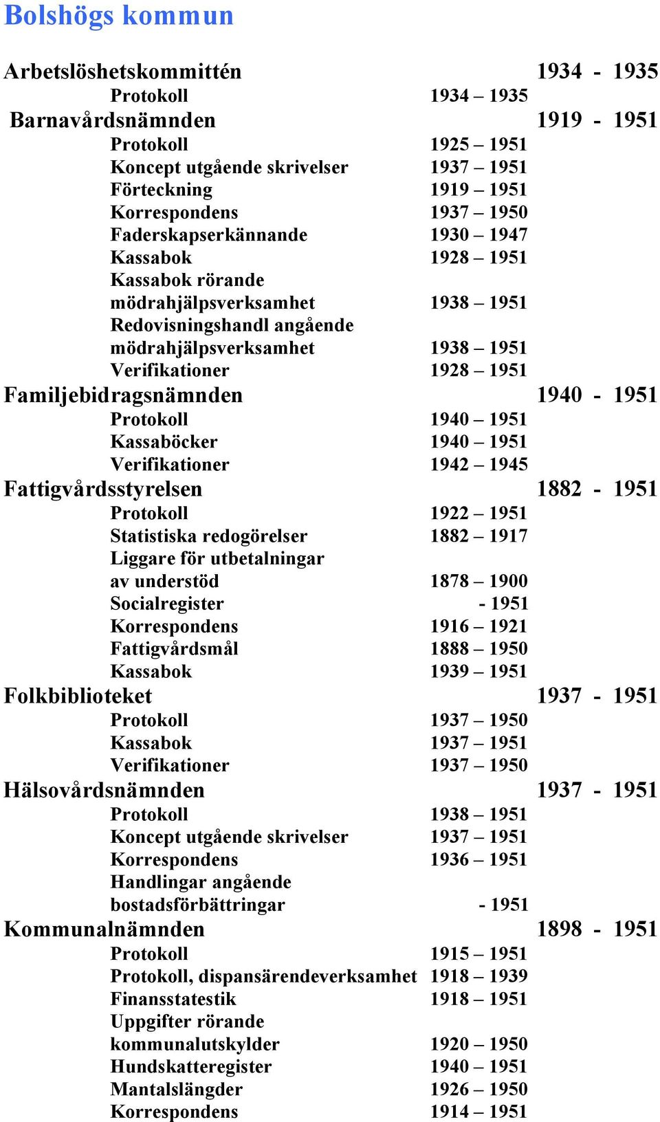 Familjebidragsnämnden 1940-1951 Protokoll 1940 1951 Kassaböcker 1940 1951 Verifikationer 1942 1945 Fattigvårdsstyrelsen 1882-1951 Protokoll 1922 1951 Statistiska redogörelser 1882 1917 Liggare för