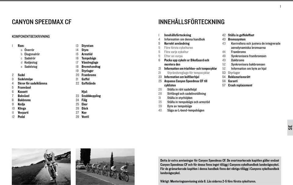 Snabbkopplng 24 Fälg 25 Eker 26 Däck 27 Nav 28 Ventl 1 Innehållsförtecknng 4 Informaton om denna handbok 5 Korrekt användnng 5 Före första cykelturen 5 Före varje cykeltur 5 Efter en vurpa 6 Packa