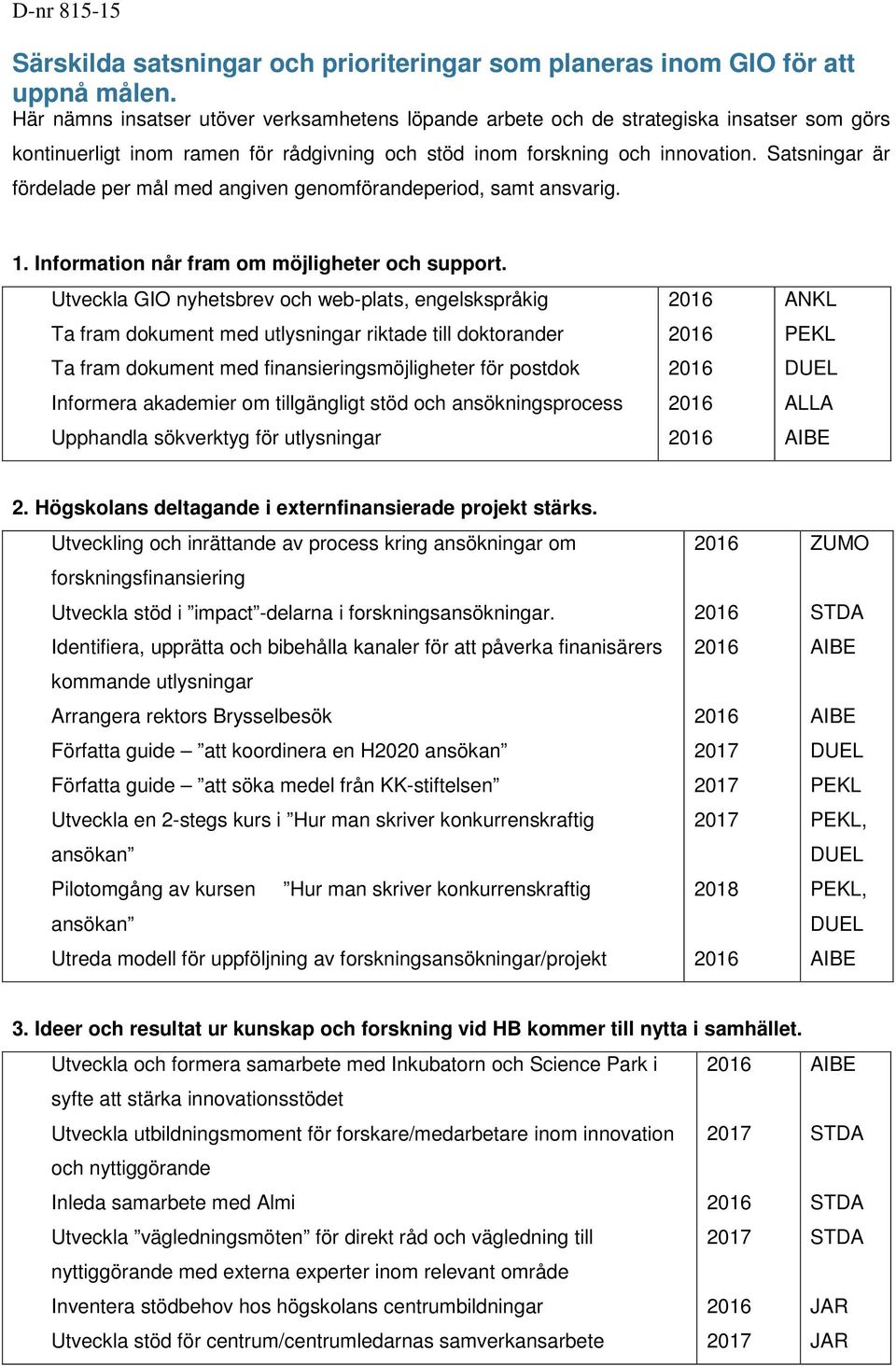 Satsningar är fördelade per mål med angiven genomförandeperiod, samt ansvarig. 1. Information når fram om möjligheter och support.