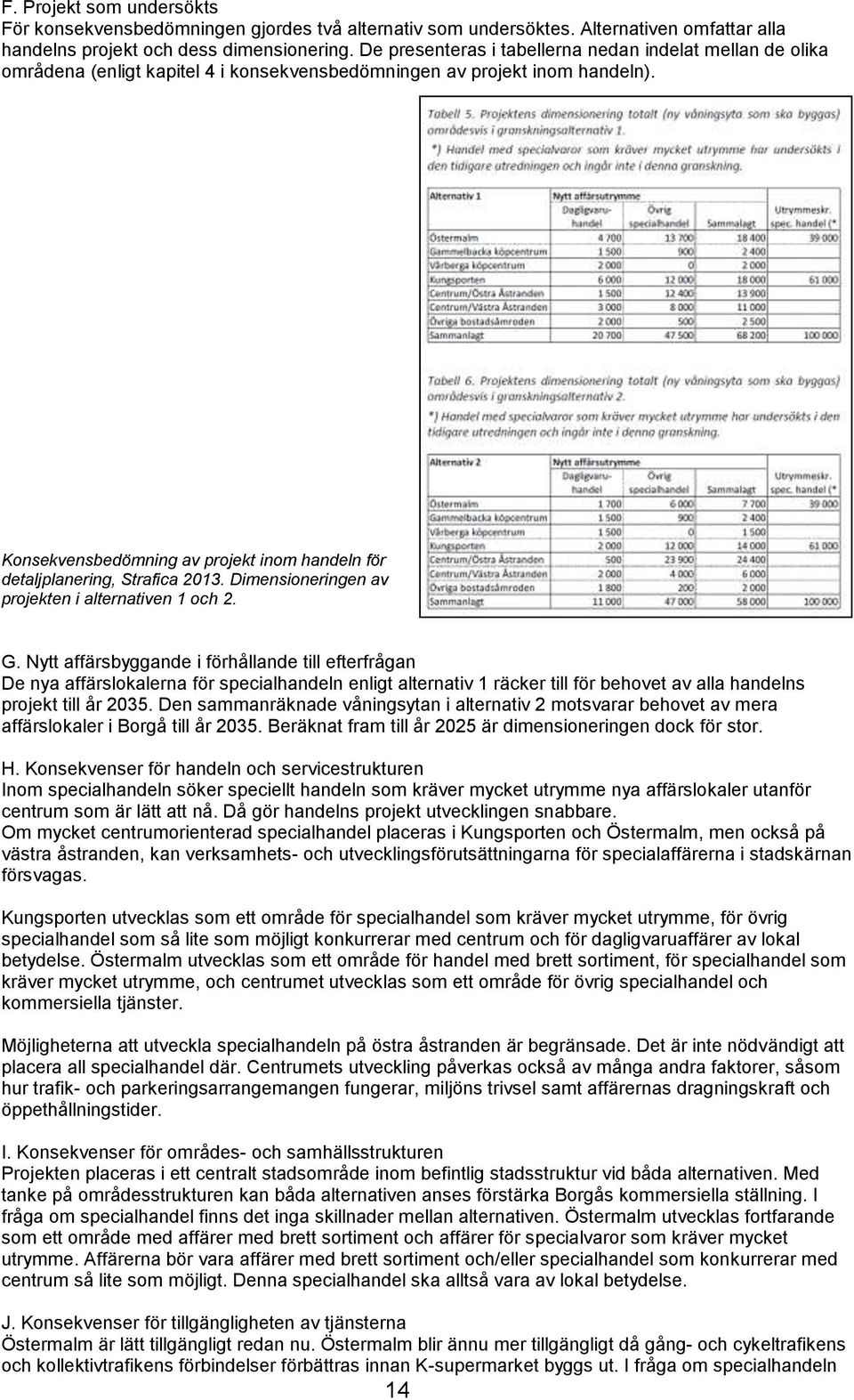 Konsekvensbedömning av projekt inom handeln för detaljplanering, Strafica 2013. Dimensioneringen av projekten i alternativen 1 och 2. G.
