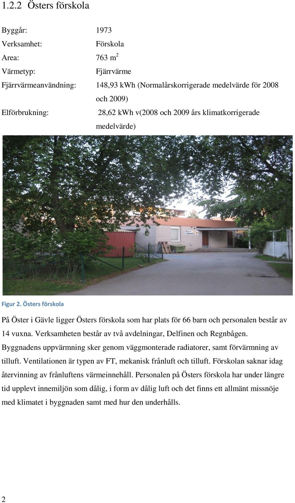Verksamheten består av två avdelningar, Delfinen och Regnbågen. Byggnadens uppvärmning sker genom väggmonterade radiatorer, samt förvärmning av tilluft.
