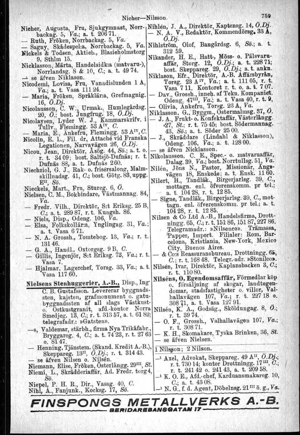 , B1asieholmstorg 312 59. 9, Sthlm 15. I Nikander, H. E., Hatt-, ~öss- o. Pälsvaru-,. Nicklasson. Märta, Handelsidk:a (matvaru-), affär, Storg. 12, O.Dj.;.3. t. 22871; Norrlandsg. 8 & 10, C.; a. t. 4974.