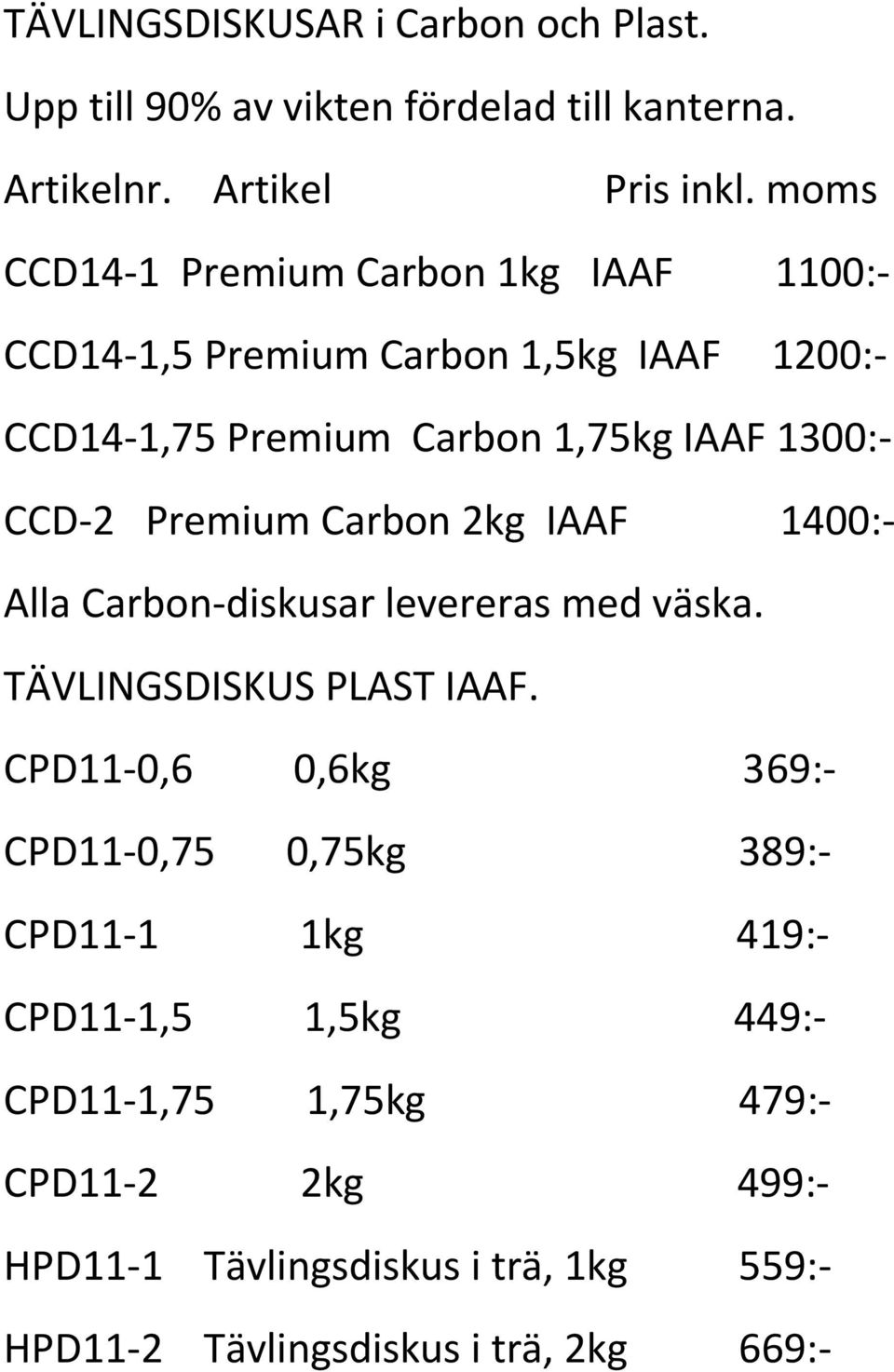Premium Carbon 2kg IAAF 1400:- Alla Carbon-diskusar levereras med väska. TÄVLINGSDISKUS PLAST IAAF.
