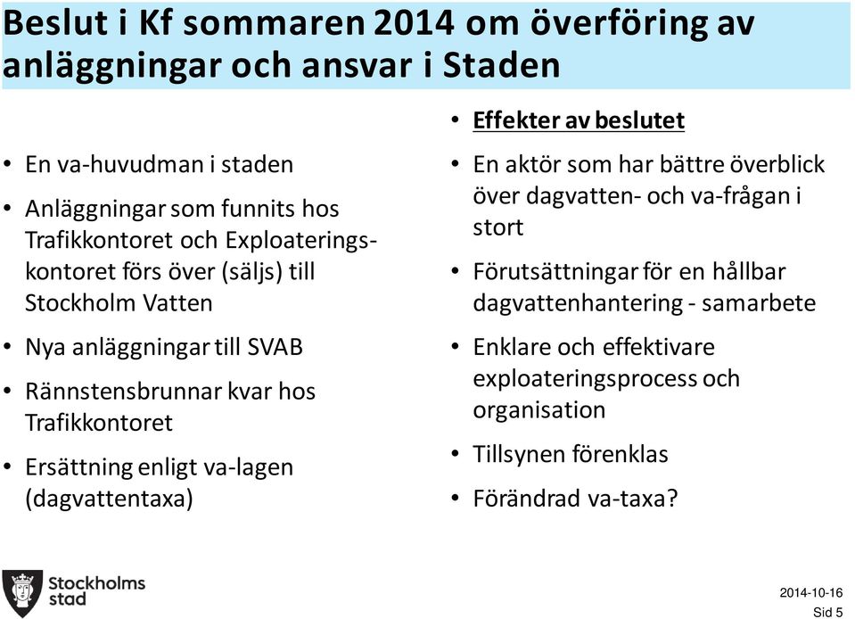 Trafikkontoret Ersättning enligt va-lagen (dagvattentaxa) En aktör som har bättre överblick över dagvatten- och va-frågan i stort Förutsättningar