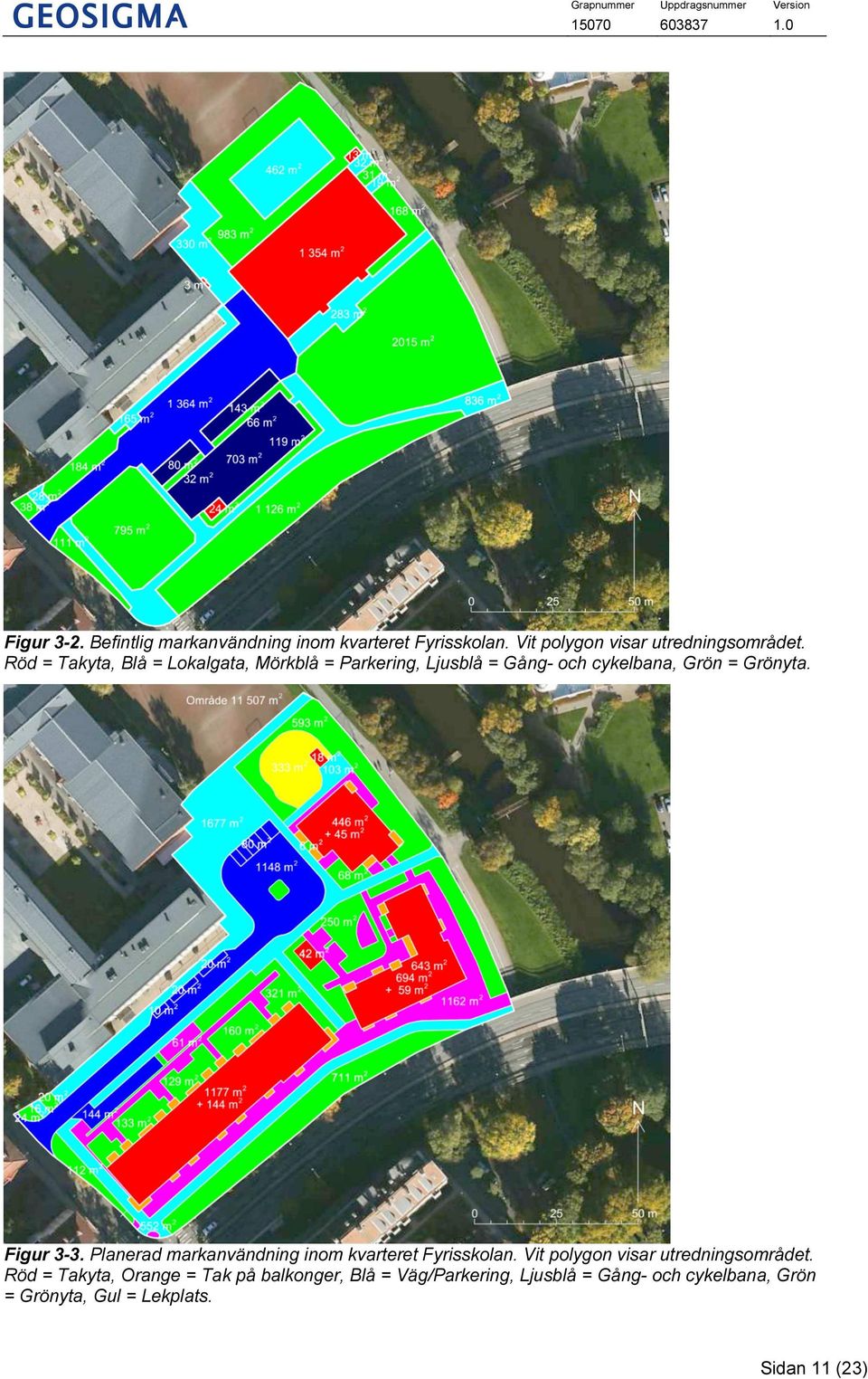 Planerad markanvändning inom kvarteret Fyrisskolan. Vit polygon visar utredningsområdet.