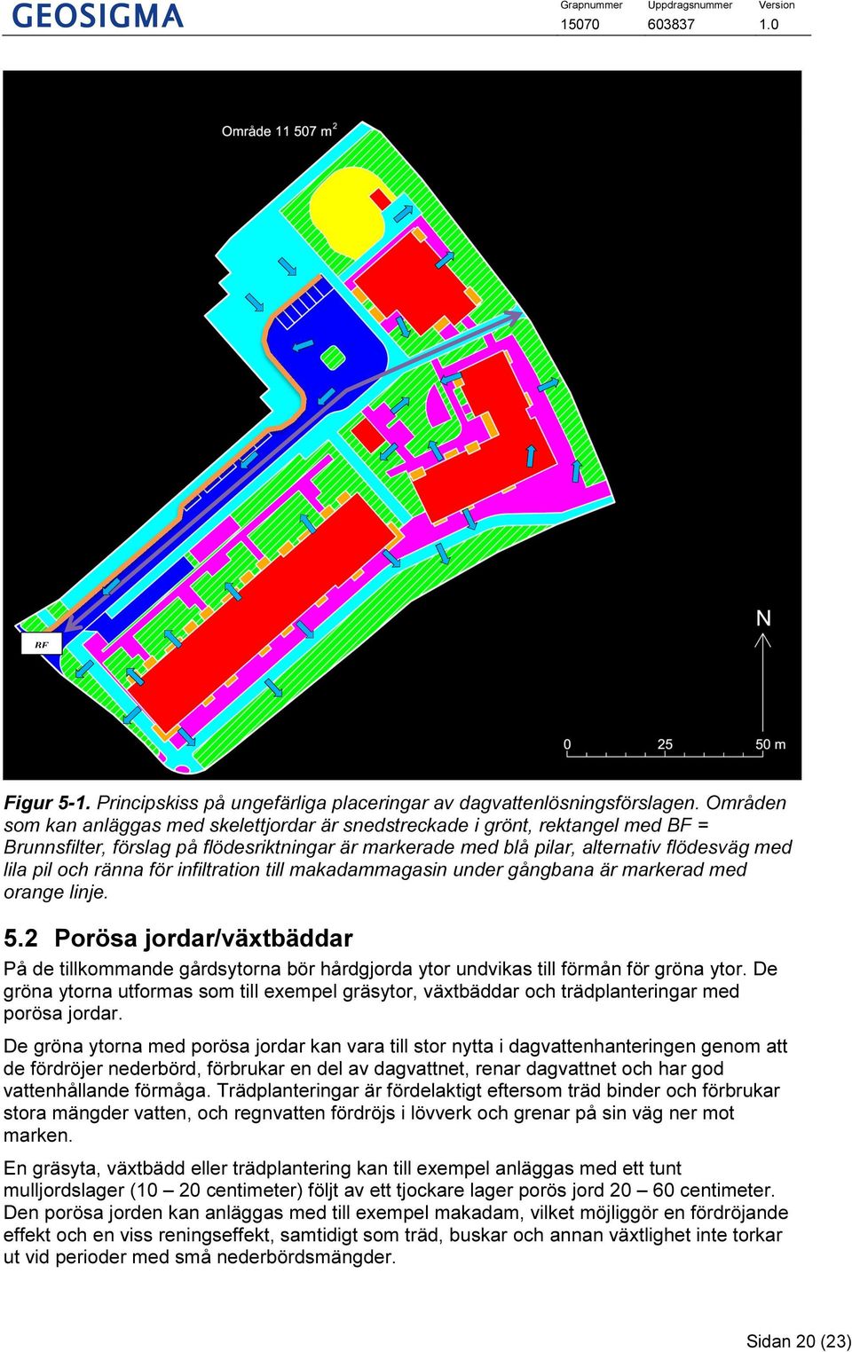 ränna för infiltration till makadammagasin under gångbana är markerad med orange linje. 5.