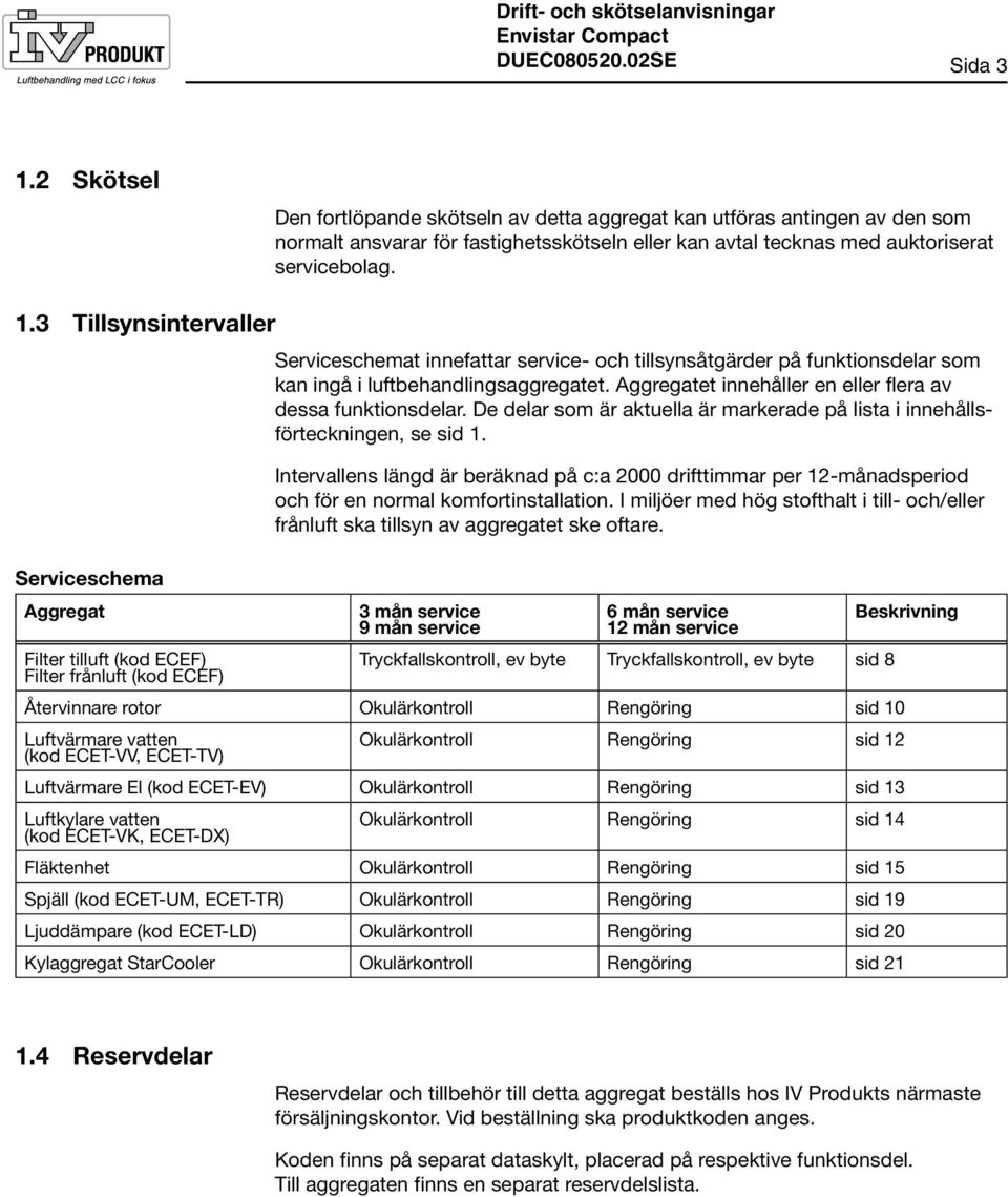 3 Tillsynsintervaller Serviceschema Aggregat Filter tilluft (kod ECEF) Filter frånluft (kod ECEF) Serviceschemat innefattar service- och tillsynsåtgärder på funktionsdelar som kan ingå i