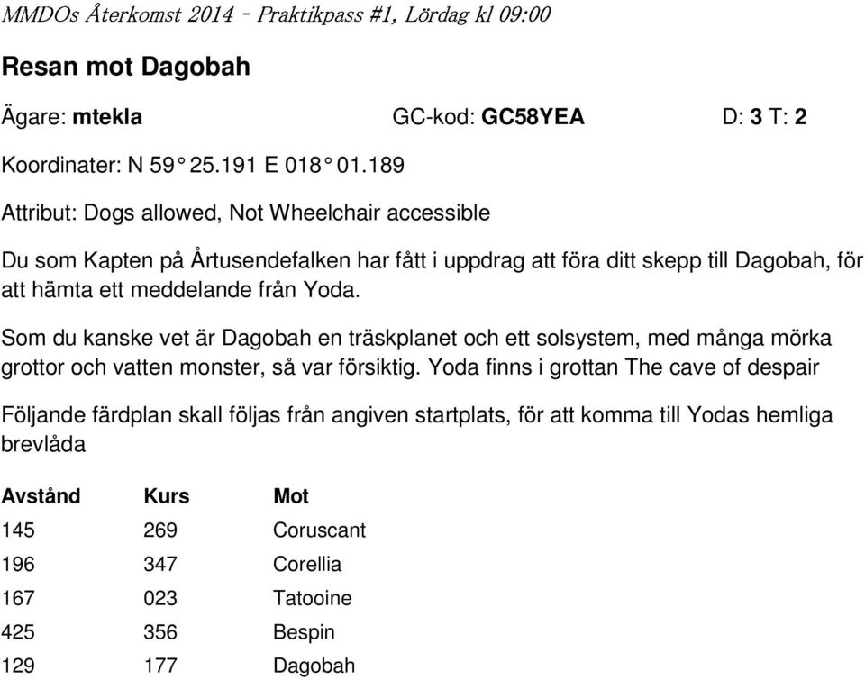 meddelande från Yoda. Som du kanske vet är Dagobah en träskplanet och ett solsystem, med många mörka grottor och vatten monster, så var försiktig.