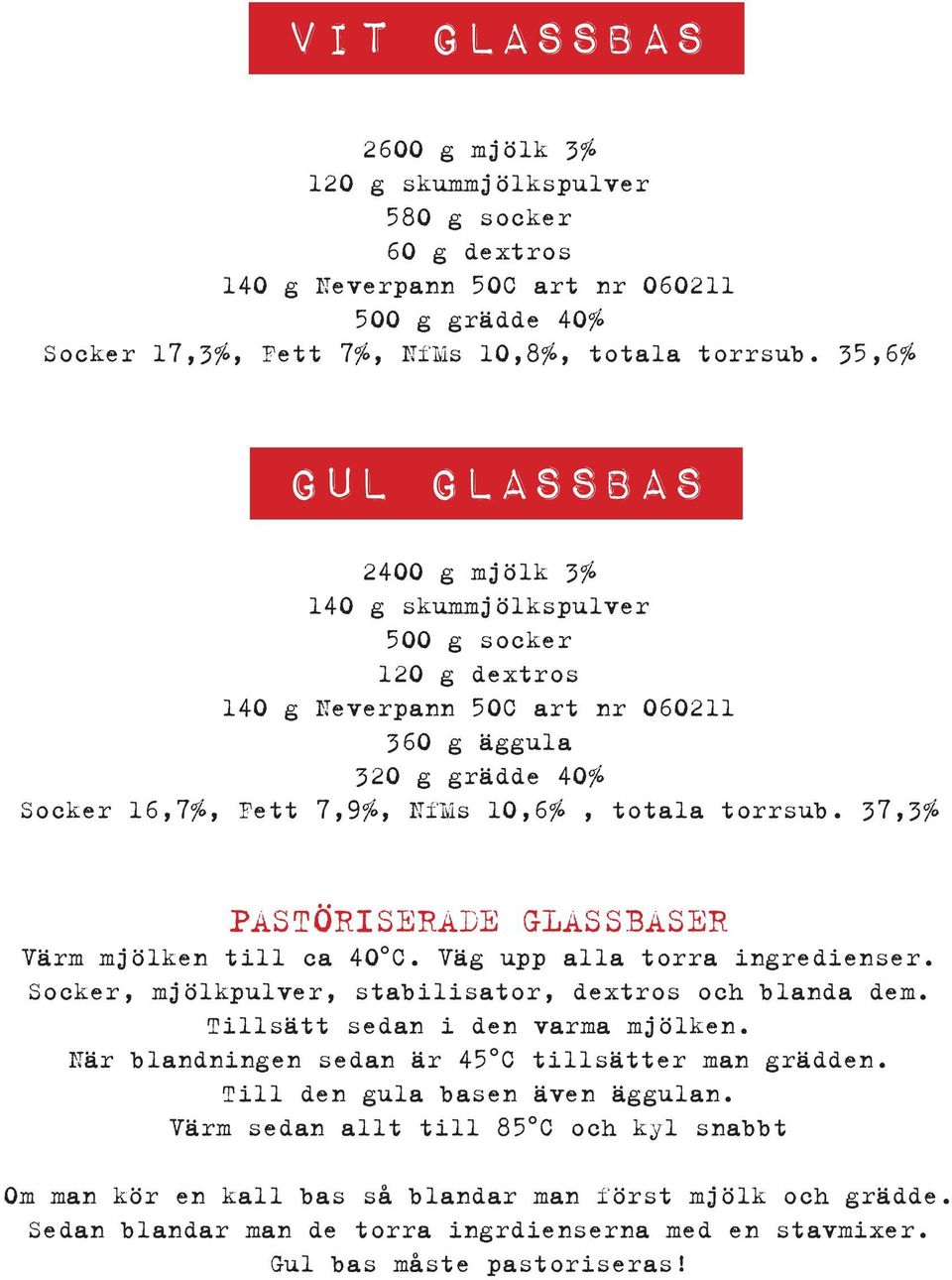 torrsub. 37,3% Pastöriserade glassbaser Värm mjölken till ca 40 C. Väg upp alla torra ingredienser. Socker, mjölkpulver, stabilisator, dextros och blanda dem. Tillsätt sedan i den varma mjölken.