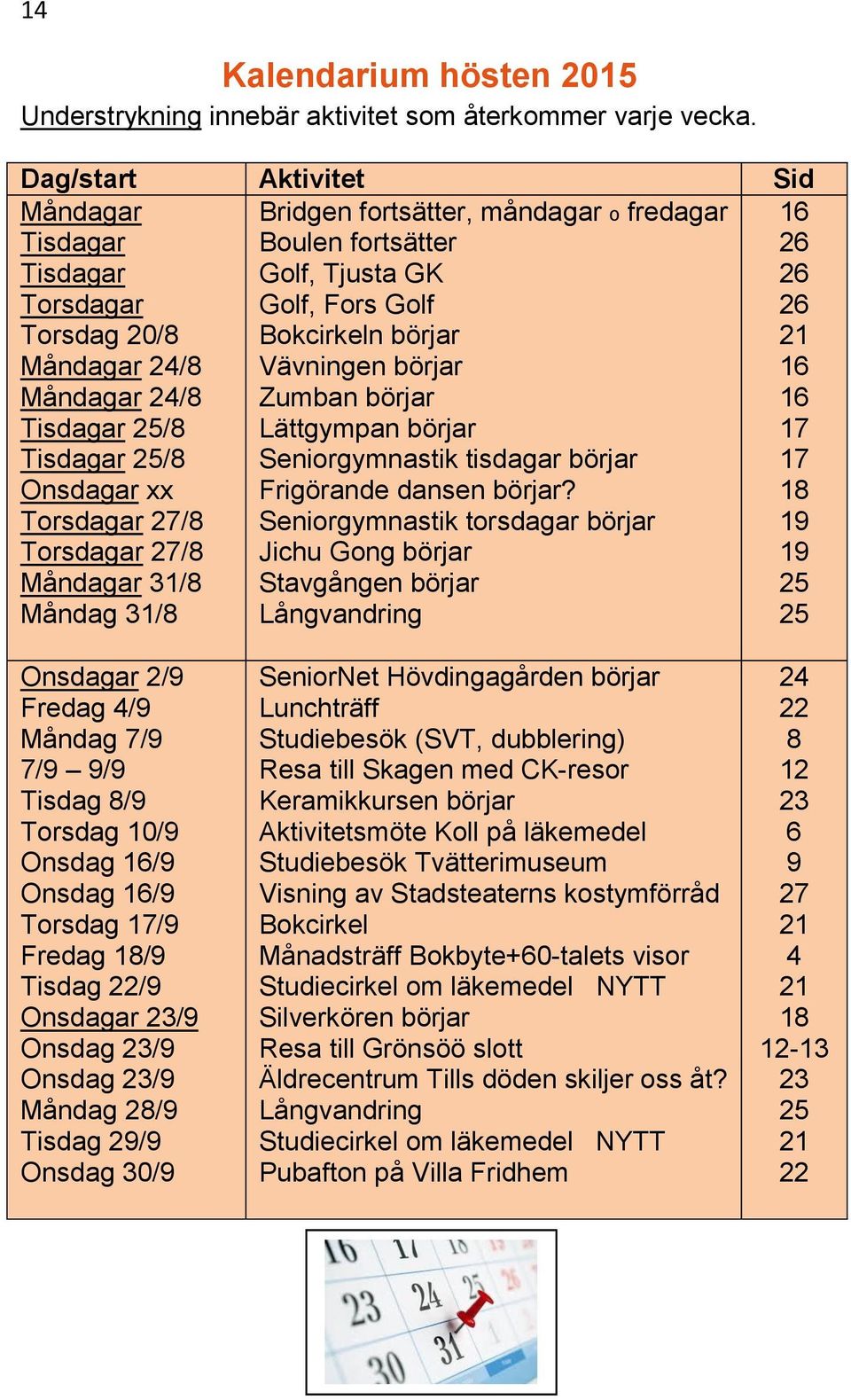 Bridgen fortsätter, måndagar o fredagar Boulen fortsätter Golf, Tjusta GK Golf, Fors Golf Bokcirkeln börjar Vävningen börjar Zumban börjar Lättgympan börjar Seniorgymnastik tisdagar börjar Frigörande