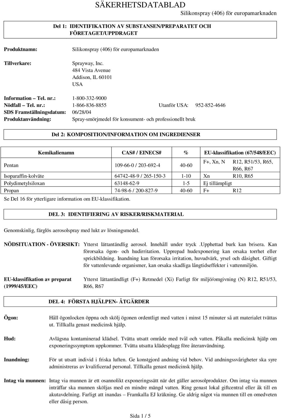 INGREDIENSER Kemikalienamn CAS# / EINECS# % EU-klassifikation (67/548/EEC) Pentan 109-66-0 / 203-692-4 40-60 F+, Xn, N R12, R51/53, R65, R66, R67 Isoparaffin-kolväte 64742-48-9 / 265-150-3 1-10 Xn