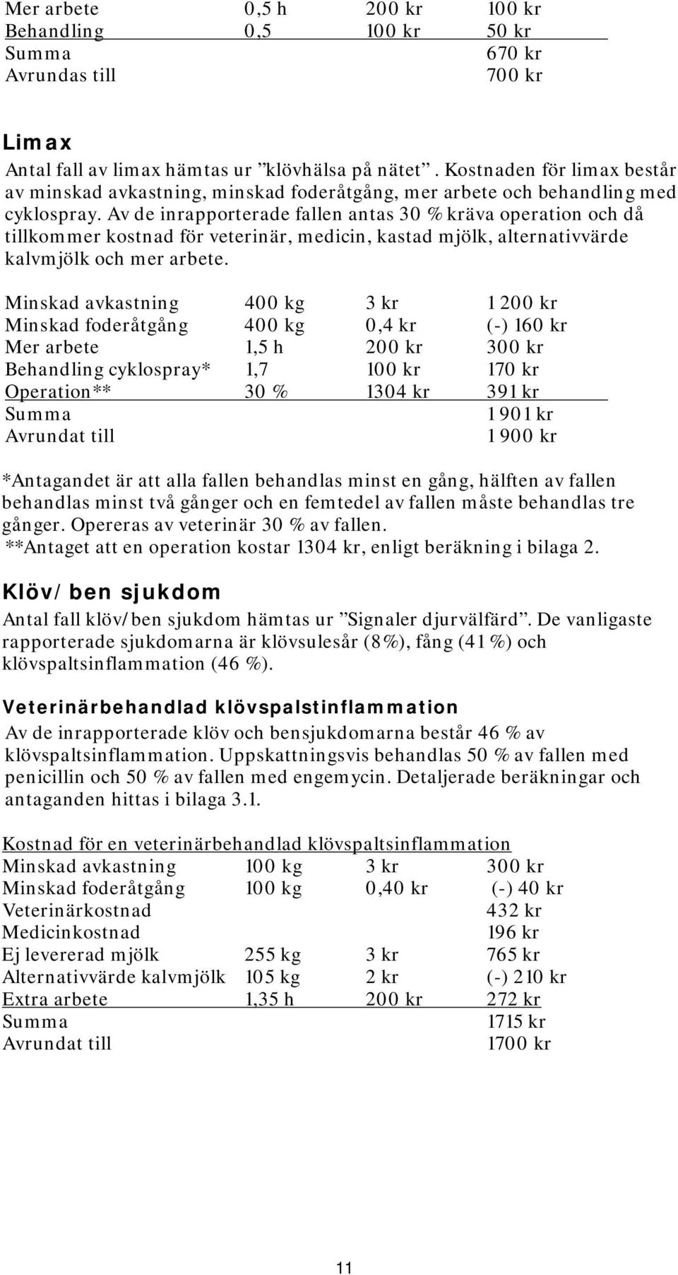 Av de inrapporterade fallen antas 30 % kräva operation och då tillkommer kostnad för veterinär, medicin, kastad mjölk, alternativvärde kalvmjölk och mer arbete.