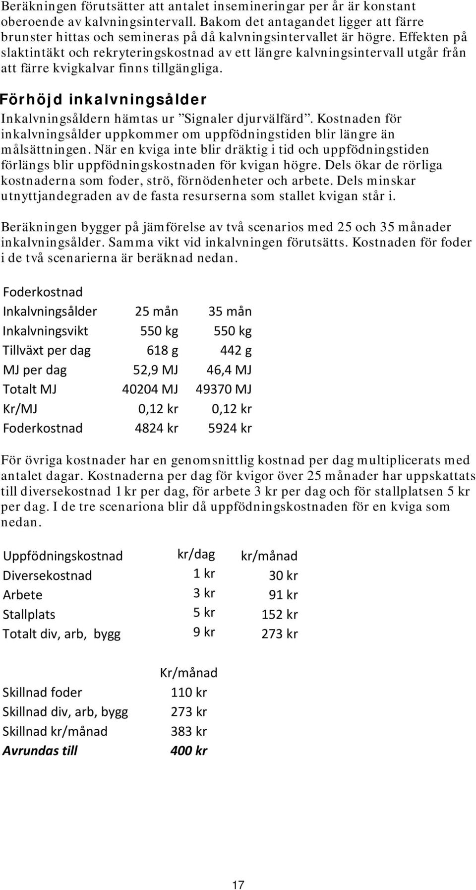 Effekten på slaktintäkt och rekryteringskostnad av ett längre kalvningsintervall utgår från att färre kvigkalvar finns tillgängliga.