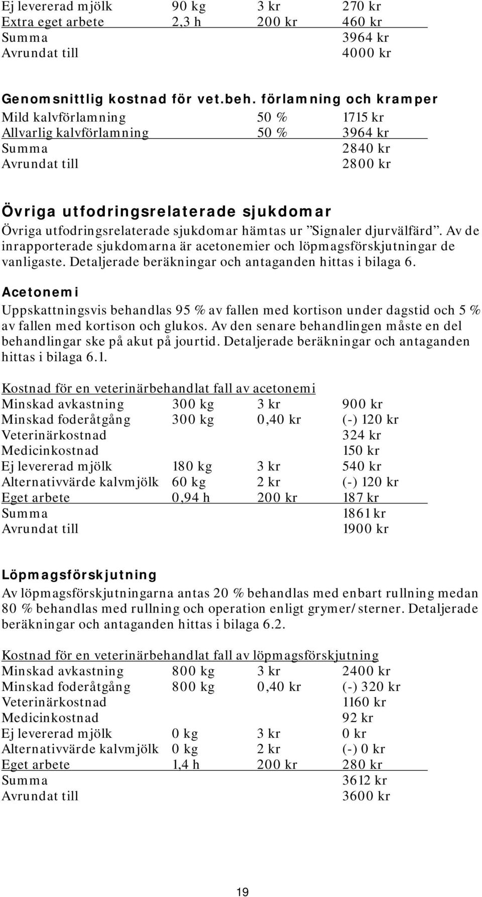 hämtas ur Signaler djurvälfärd. Av de inrapporterade sjukdomarna är acetonemier och löpmagsförskjutningar de vanligaste. Detaljerade beräkningar och antaganden hittas i bilaga 6.