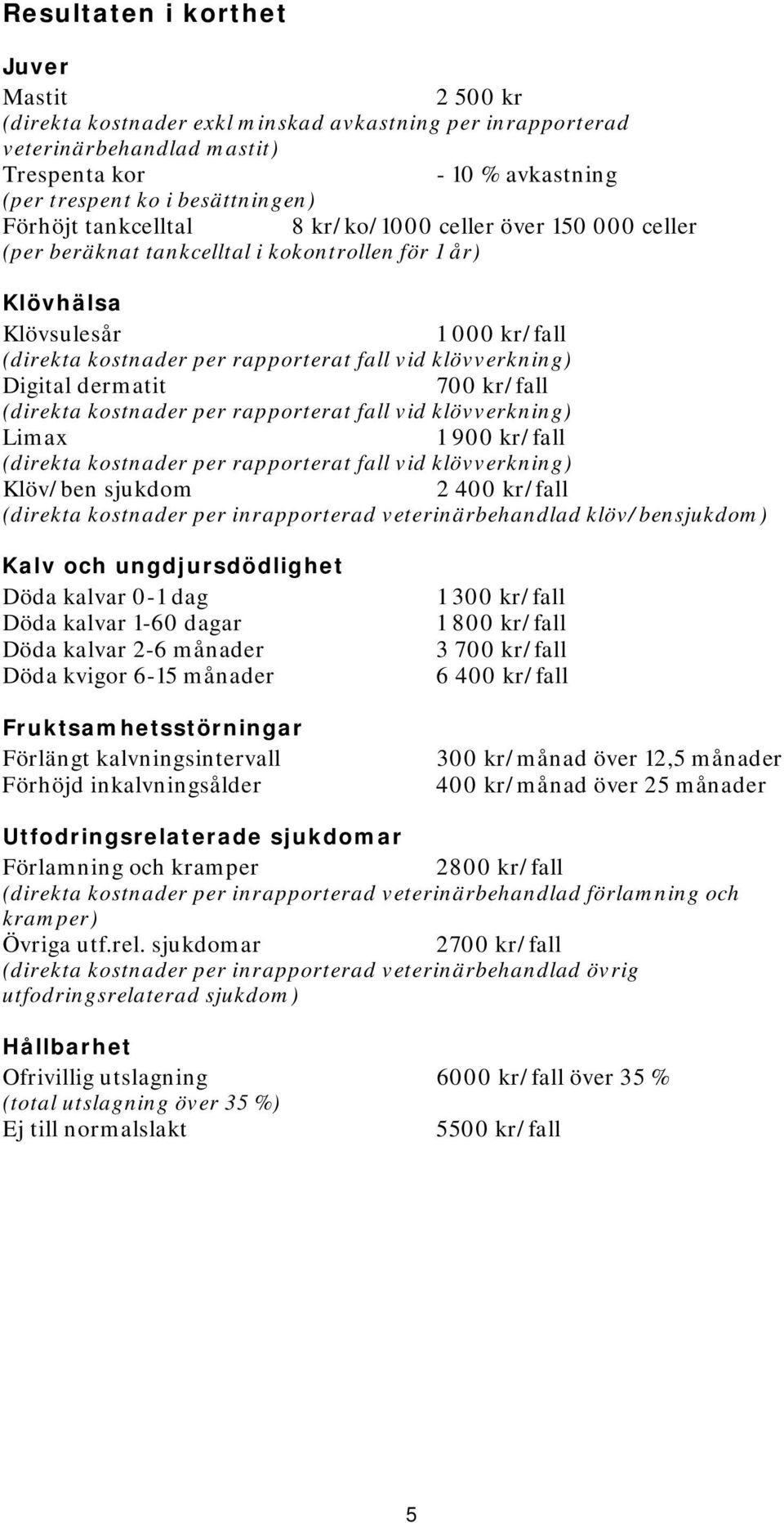 klövverkning) Digital dermatit 700 kr/fall (direkta kostnader per rapporterat fall vid klövverkning) Limax 1 900 kr/fall (direkta kostnader per rapporterat fall vid klövverkning) Klöv/ben sjukdom 2