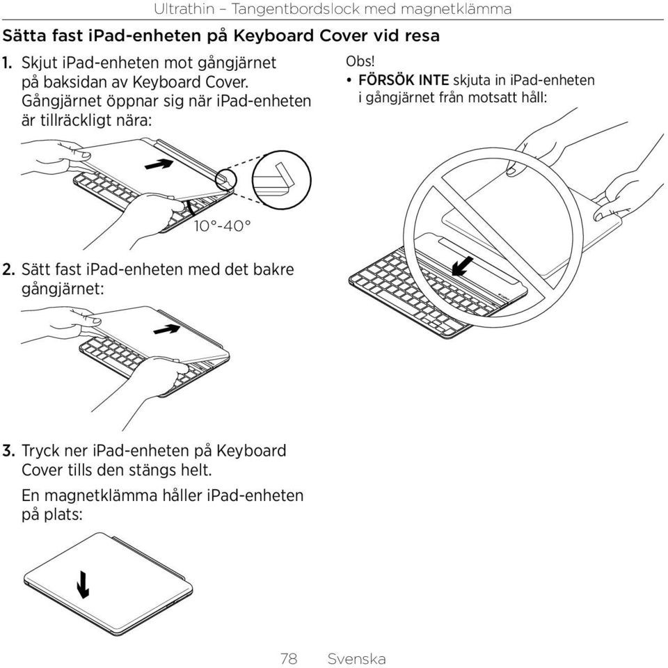 Gångjärnet öppnar sig när ipad-enheten är tillräckligt nära: Obs!