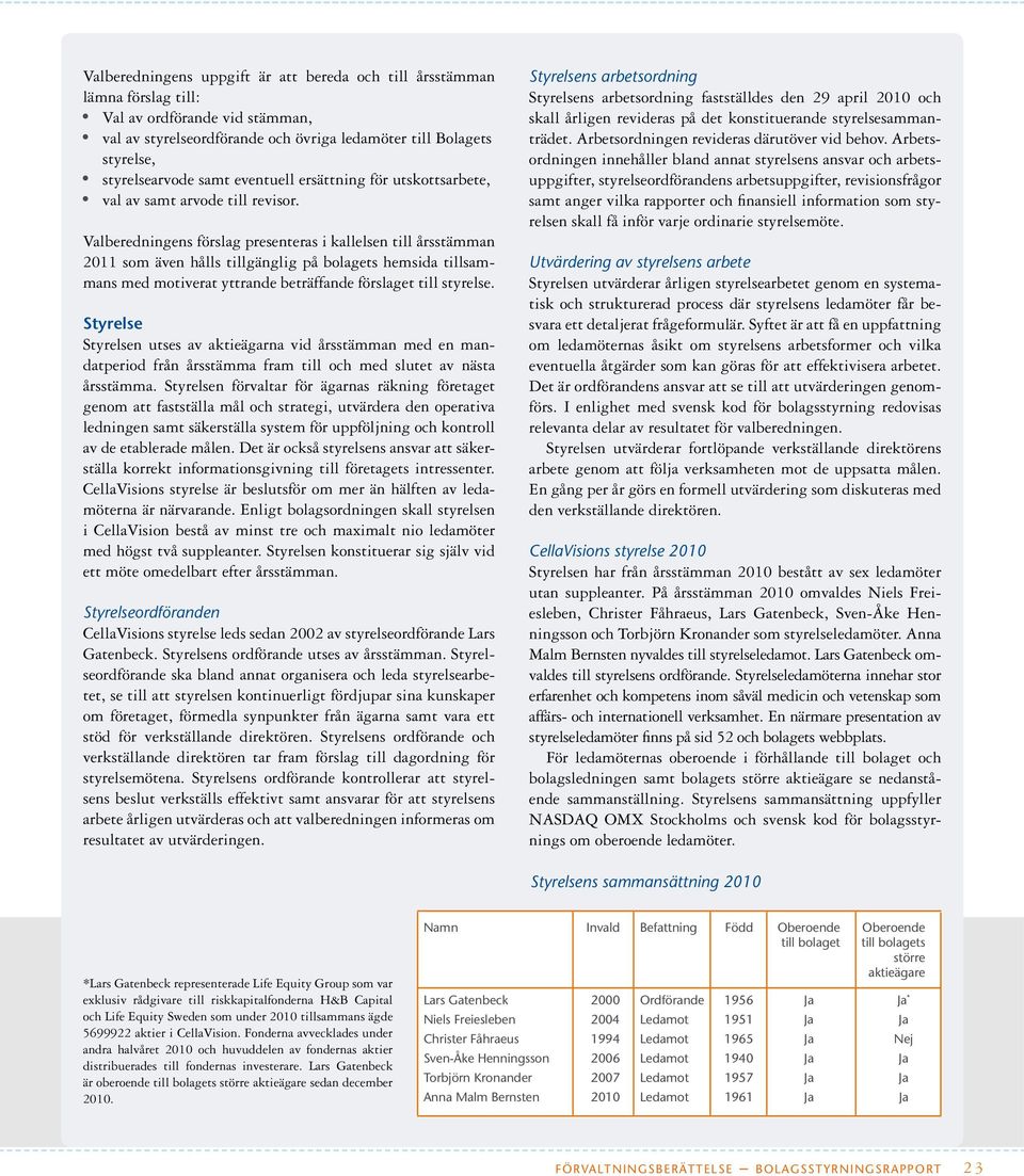 Valberedningens förslag presenteras i kallelsen till årsstämman 2011 som även hålls tillgänglig på bolagets hemsida tillsammans med motiverat yttrande beträffande förslaget till styrelse.