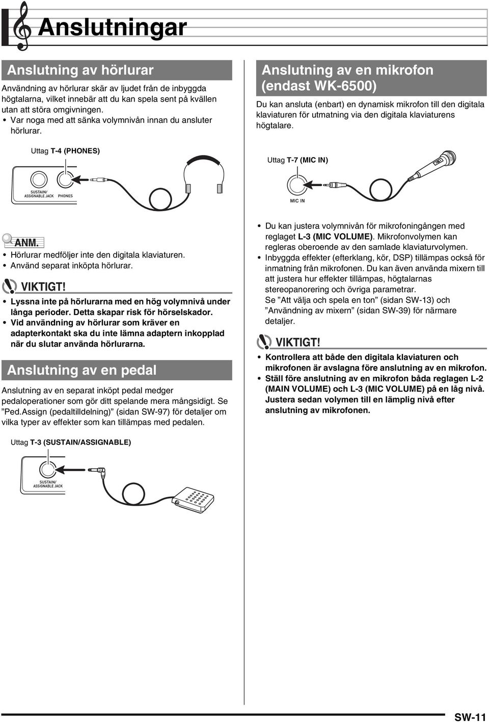 Uttag T-4 (PHNES) Anslutning av en mikrofon (endast WK-6500) Du kan ansluta (enbart) en dynamisk mikrofon till den digitala klaviaturen för utmatning via den digitala klaviaturens högtalare.