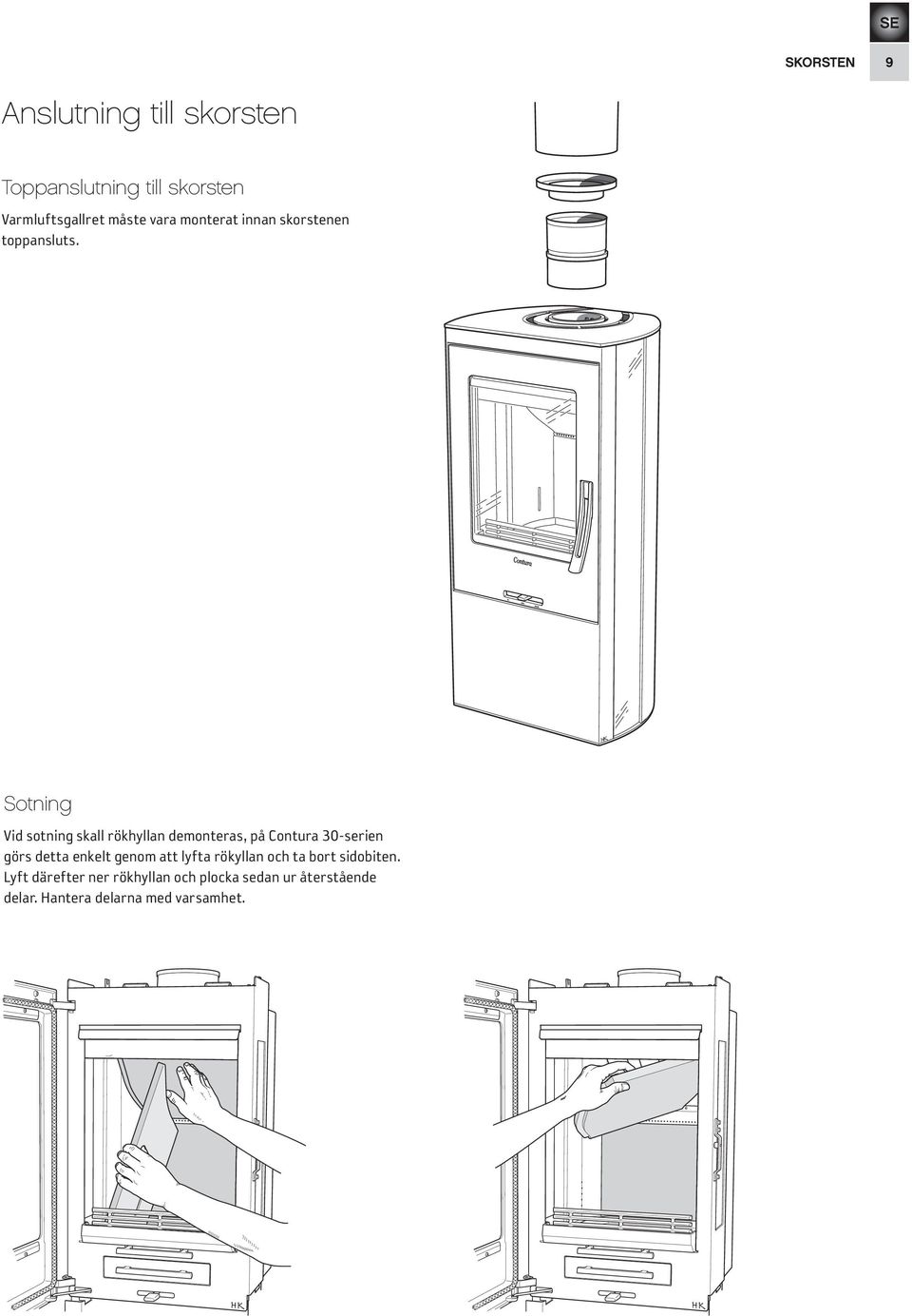 Sotning Vid sotning skall rökhyllan demonteras, på Contura 30-serien görs detta enkelt