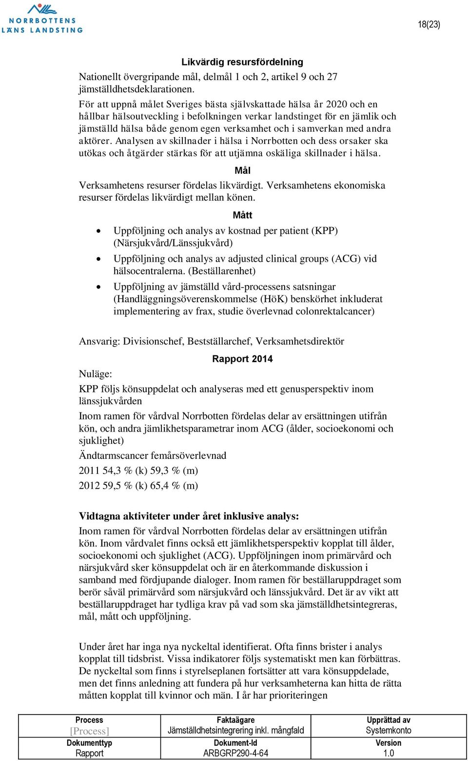 samverkan med andra aktörer. Analysen av skillnader i hälsa i Norrbotten och dess orsaker ska utökas och åtgärder stärkas för att utjämna oskäliga skillnader i hälsa.