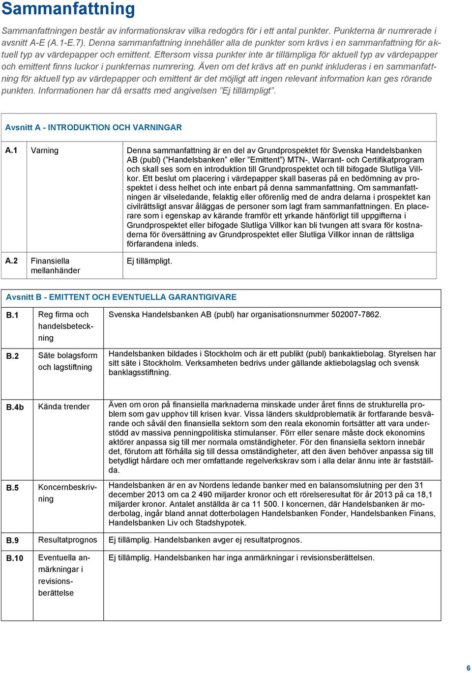 Eftersom vissa punkter inte är tillämpliga för aktuell typ av värdepapper och emittent finns luckor i punkternas numrering.