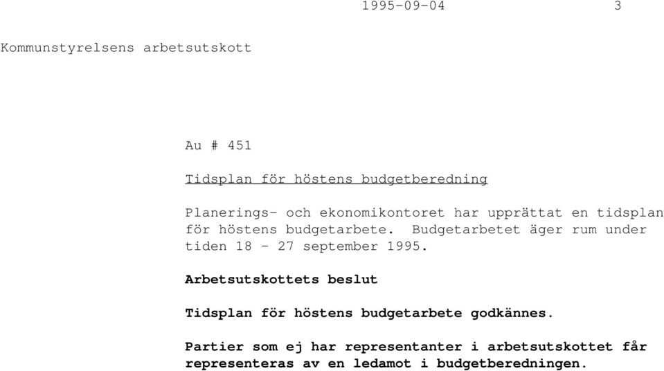Budgetarbetet äger rum under tiden 18-27 september 1995.