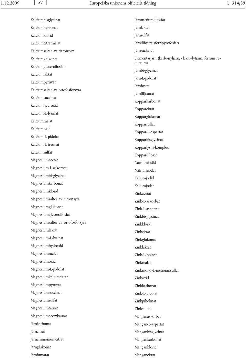 Magnesiumacetat Magnesium-L-askorbat Magnesiumbisglycinat Magnesiumkarbonat Magnesiumklorid Magnesiumsalter av citronsyra Magnesiumglukonat Magnesiumglycerolfosfat Magnesiumsalter av ortofosforsyra