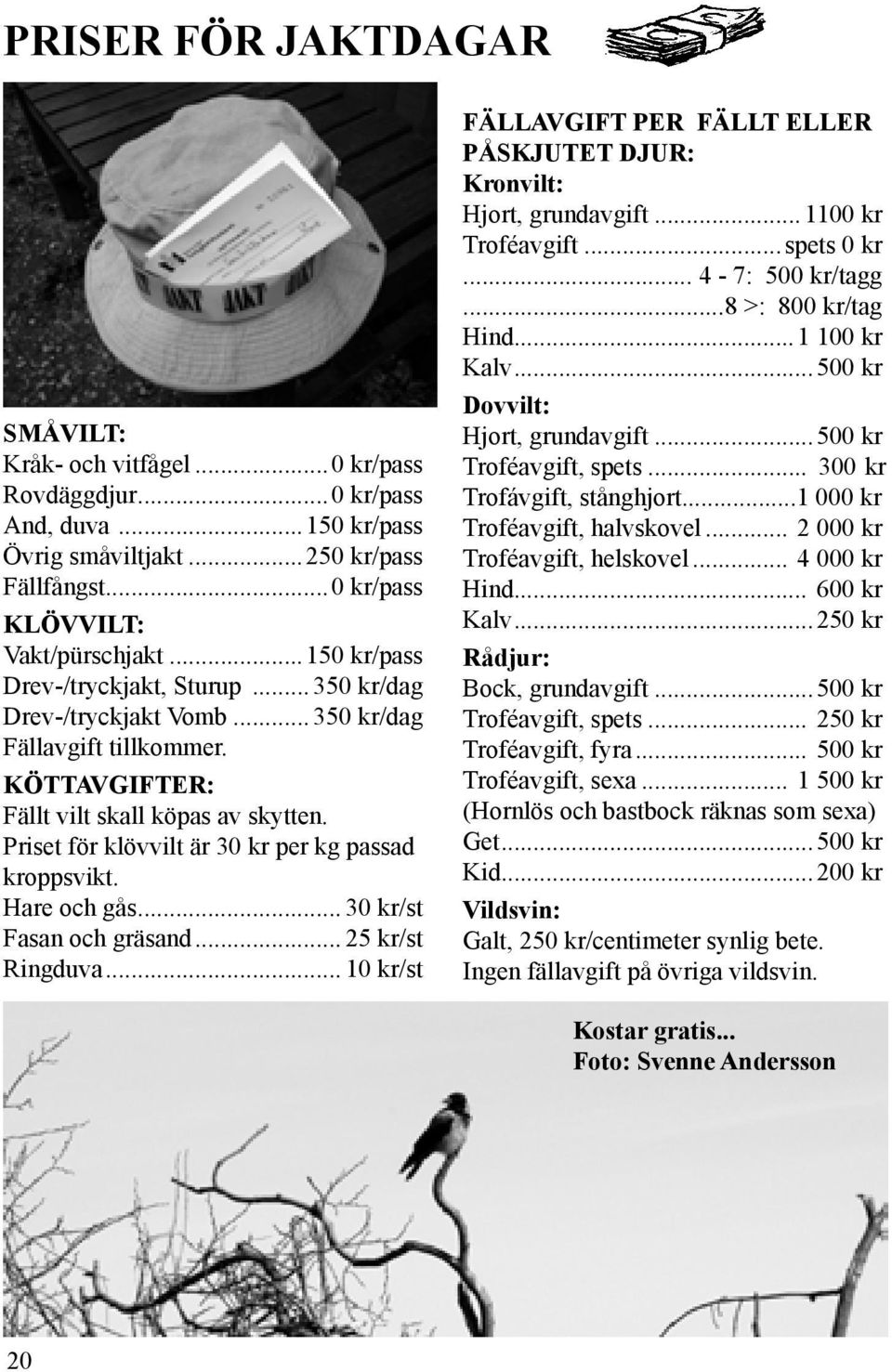 Priset för klövvilt är 30 kr per kg passad kroppsvikt. Hare och gås... 30 kr/st Fasan och gräsand... 25 kr/st Ringduva.