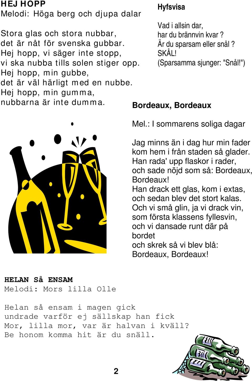 (Sparsamma sjunger: "Snål!") Bordeaux, Bordeaux Mel.: I sommarens soliga dagar Jag minns än i dag hur min fader kom hem i från staden så glader.