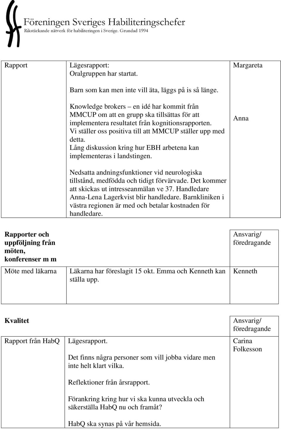 Lång diskussion kring hur EBH arbetena kan implementeras i landstingen. Nedsatta andningsfunktioner vid neurologiska tillstånd, medfödda och tidigt förvärvade.