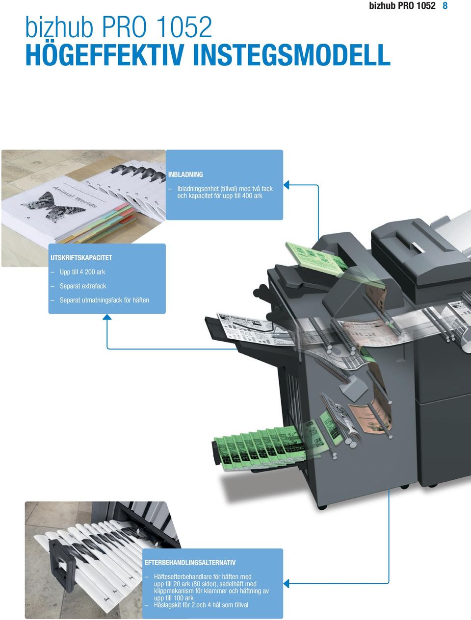 utmatningsfack för häften EFTERBEHANDLINGSALTERNATIV Häftesefterbehandlare för häften med upp till 20 ark (80