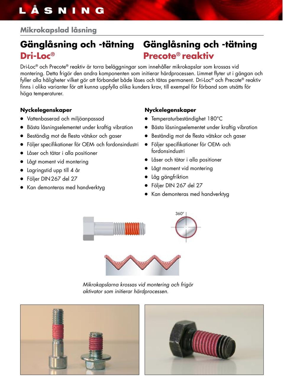 Dri-Loc och Precote reaktiv finns i olika varianter för att kunna uppfylla olika kunders krav, till exempel för förband som utsätts för höga temperaturer.