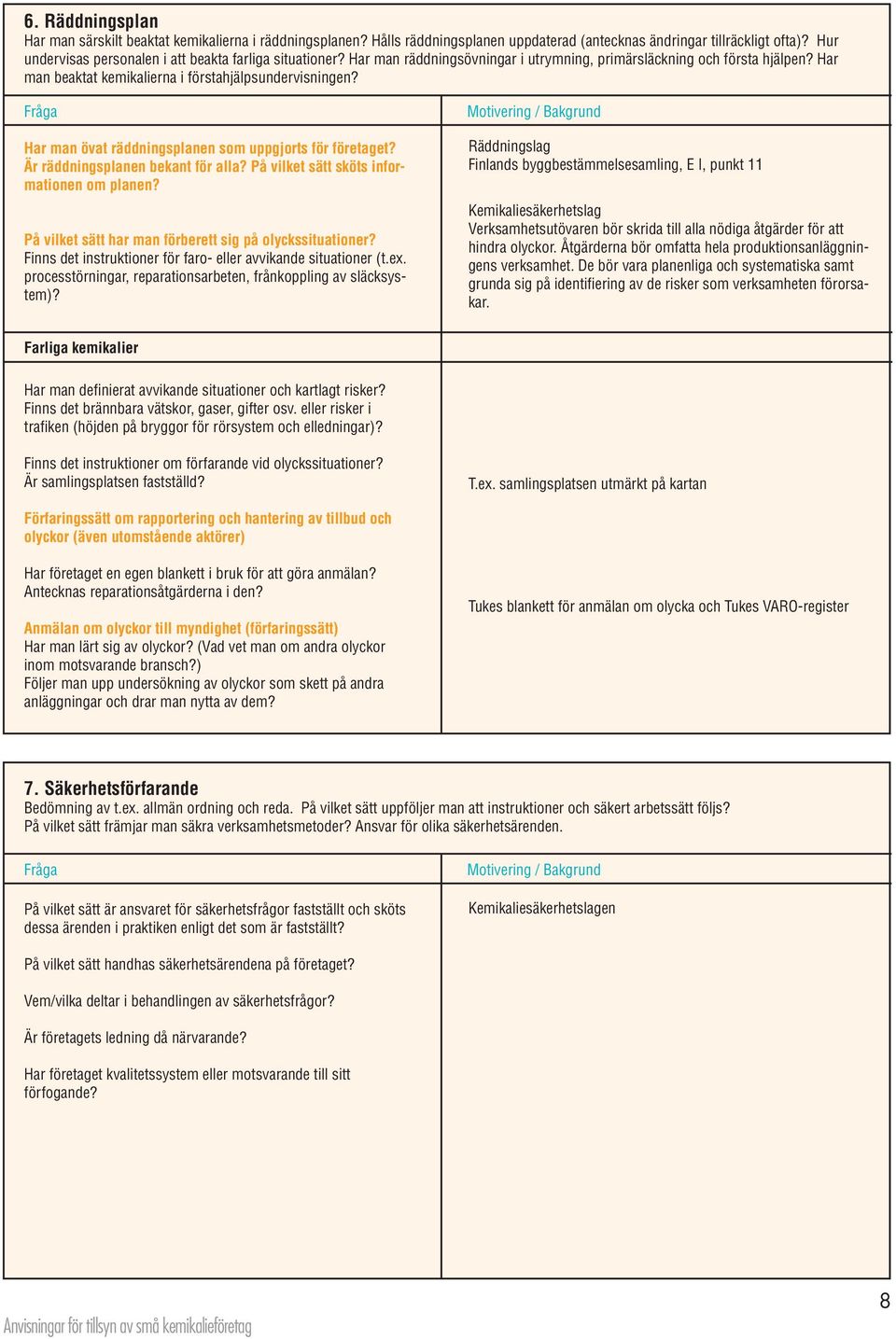 Fråga Har man övat räddningsplanen som uppgjorts för företaget? Är räddningsplanen bekant för alla? På vilket sätt sköts informationen om planen?