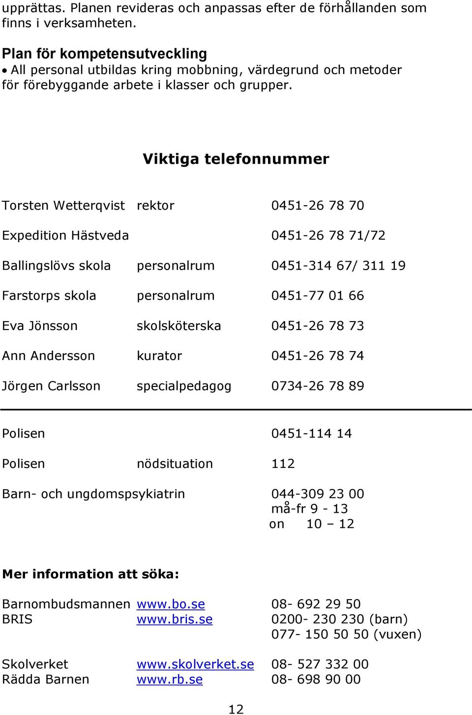 Viktiga telefonnummer Torsten Wetterqvist rektor 0451-26 78 70 Expedition Hästveda 0451-26 78 71/72 Ballingslövs skola personalrum 0451-314 67/ 311 19 Farstorps skola personalrum 0451-77 01 66 Eva