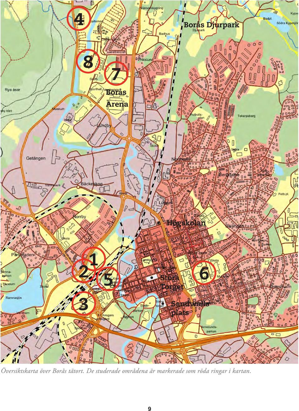 Översiktskarta över Borås tätort.