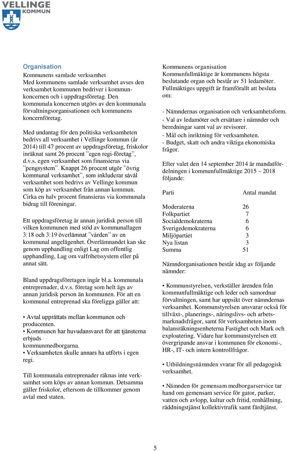 Med undantag för den politiska verksamheten bedrivs all verksamhet i Vellinge kommun (år 2014) till 47 procent av uppdragsföretag, friskolor inräknat samt 26 procent egen regi-företag, d.v.s. egen verksamhet som finansieras via pengsystem.