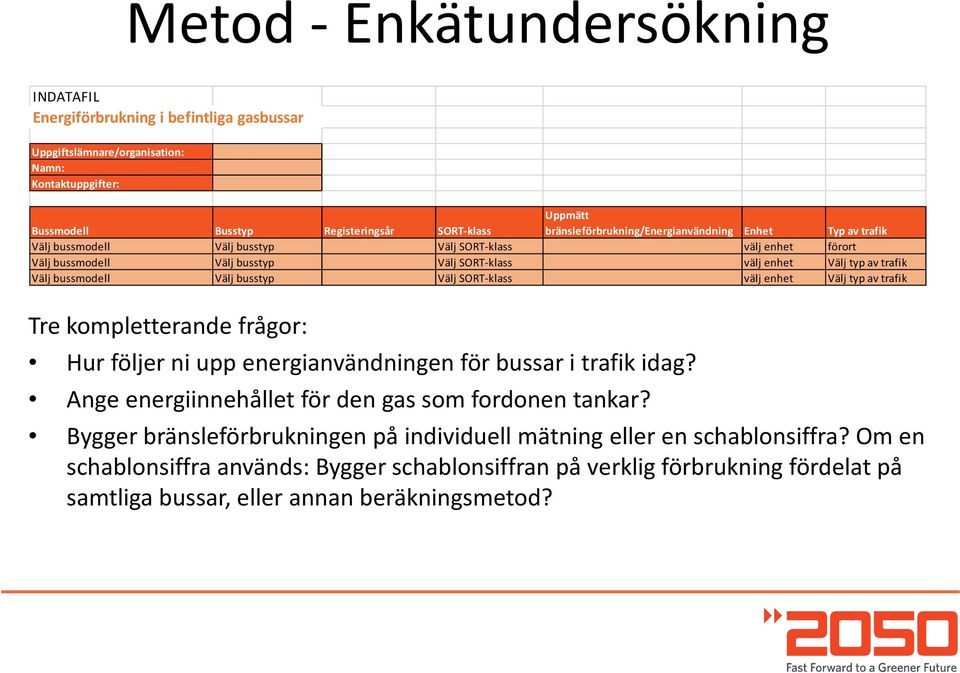 bussmodell Välj busstyp Välj SORT-klass välj enhet Välj typ av trafik Tre kompletterande frågor: Hur följer ni upp energianvändningen för bussar i trafik idag?