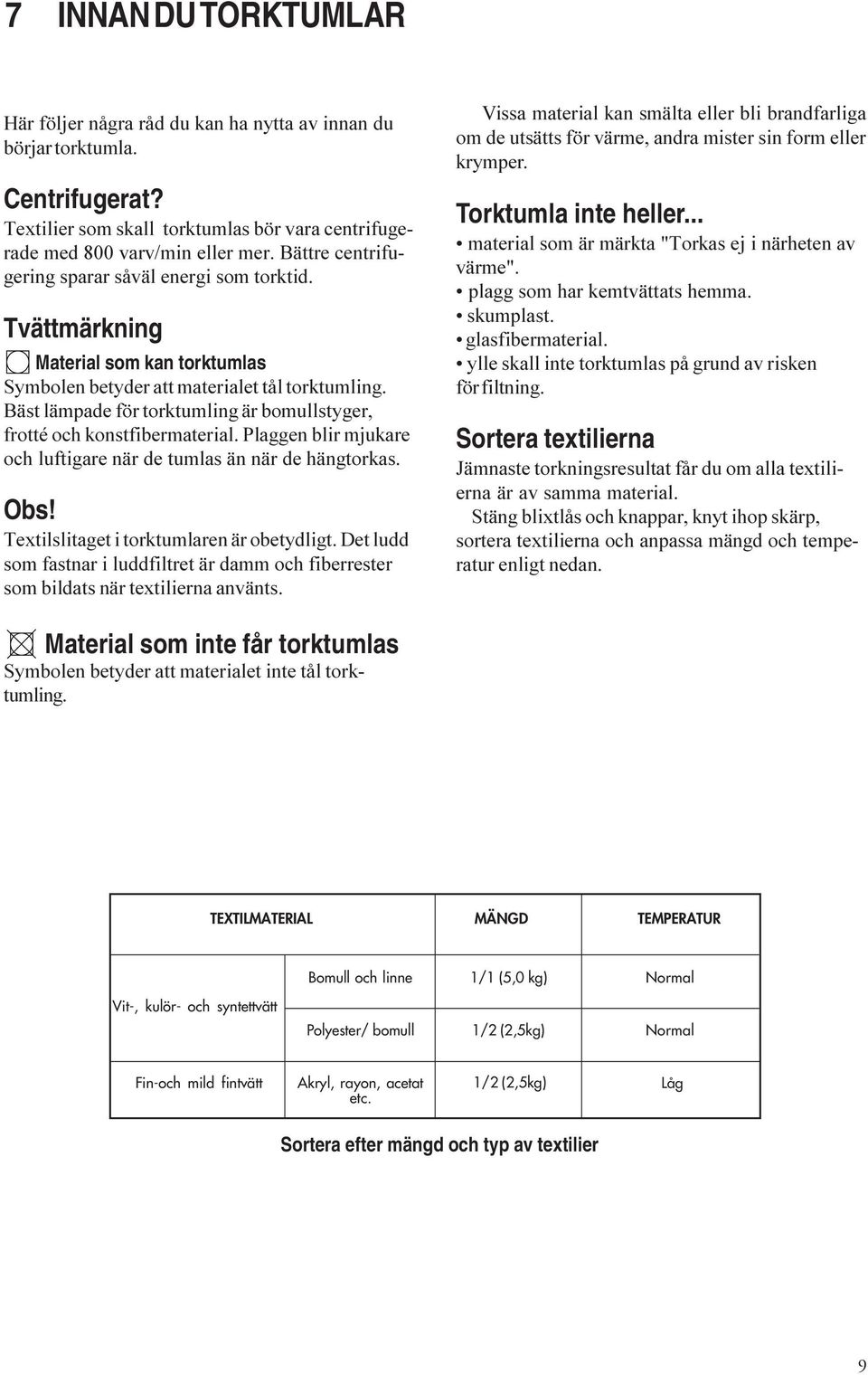 Bäst lämpade för torktumling är bomullstyger, frotté och konstfibermaterial. Plaggen blir mjukare och luftigare när de tumlas än när de hängtorkas. Obs! Textilslitaget i torktumlaren är obetydligt.