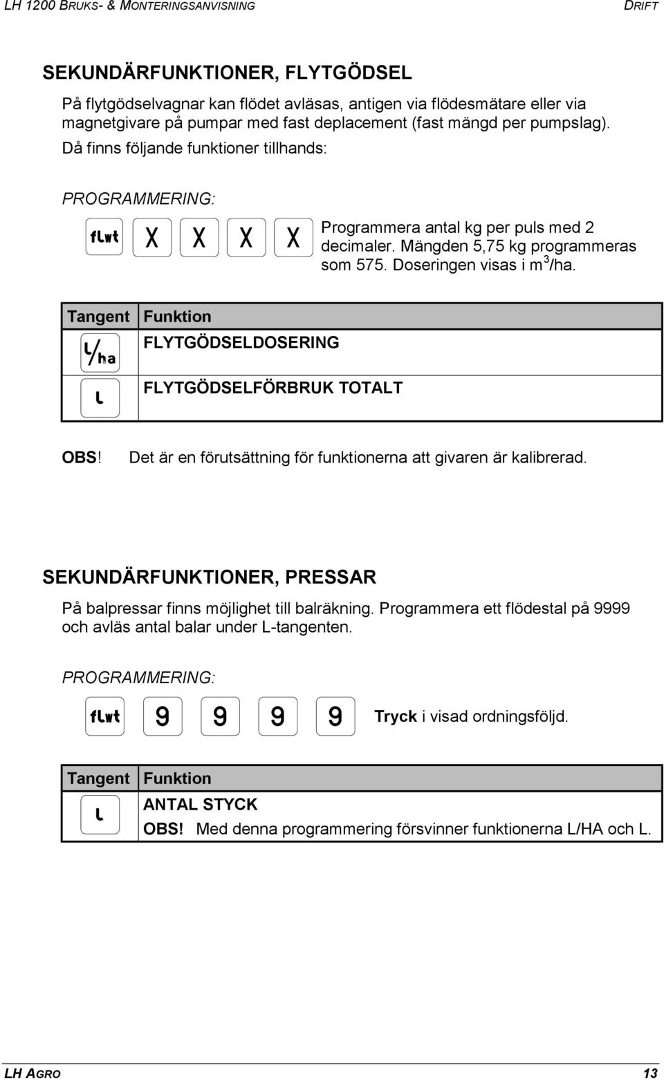 Tangent Funktion FLYTGÖDSELDOSERING FLYTGÖDSELFÖRBRUK TOTALT OBS! Det är en förutsättning för funktionerna att givaren är kalibrerad.