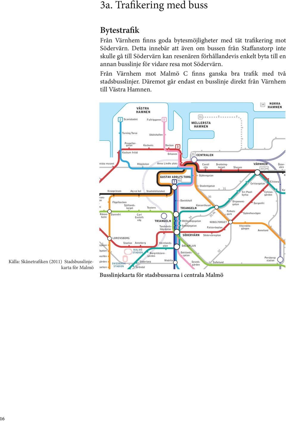 Från Värnhem mot finns ganska bra trafik med två stadsbusslinjer. Däremot går endast en busslinje direkt från Värnhem till Västra Hamnen.