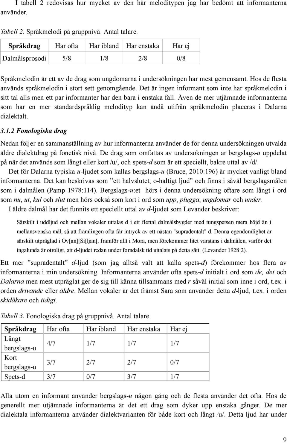 Hos de flesta används språkmelodin i stort sett genomgående. Det är ingen informant som inte har språkmelodin i sitt tal alls men ett par informanter har den bara i enstaka fall.