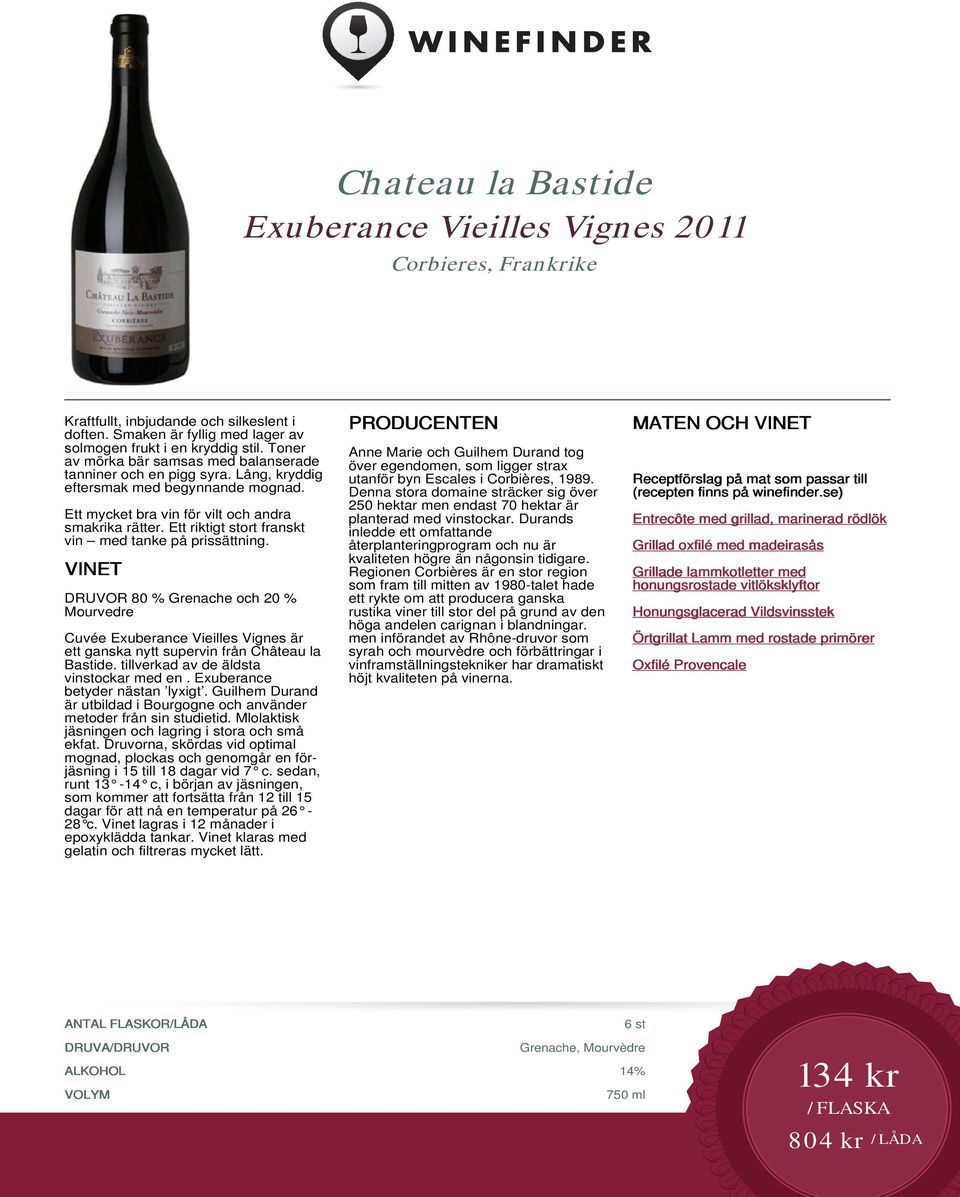 Ett riktigt stort franskt vin med tanke på prissättning. DRUVOR 80 % Grenache och 20 % Mourvedre Cuvée Exuberance Vieilles Vignes är ett ganska nytt supervin från Château la Bastide.