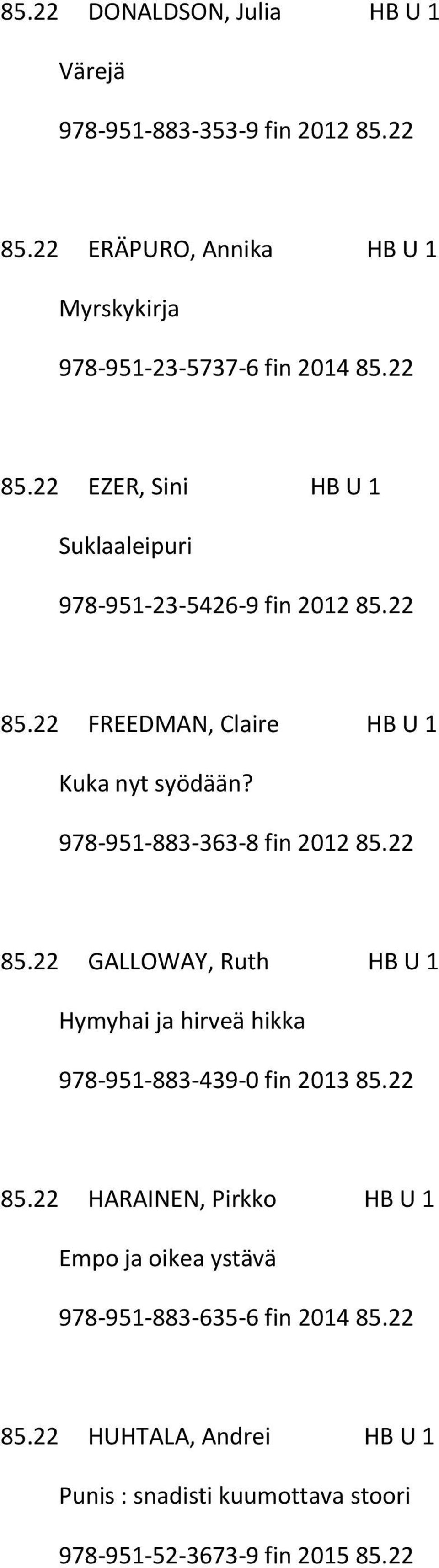 978-951-883-363-8 fin 2012 85.22 85.22 GALLOWAY, Ruth HB U 1 Hymyhai ja hirveä hikka 978-951-883-439-0 fin 2013 85.22 85.22 HARAINEN, Pirkko HB U 1 Empo ja oikea ystävä 978-951-883-635-6 fin 2014 85.