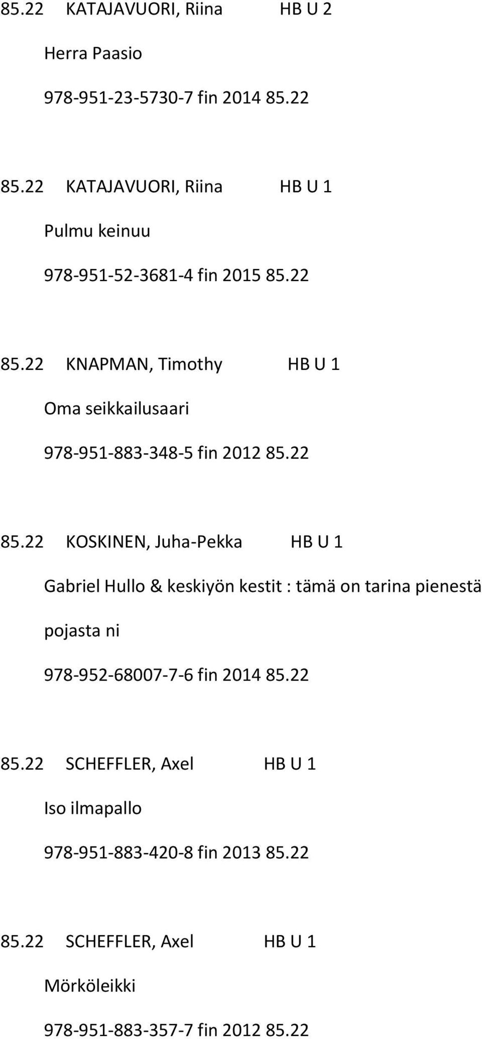 22 KNAPMAN, Timothy HB U 1 Oma seikkailusaari 978-951-883-348-5 fin 2012 85.22 85.