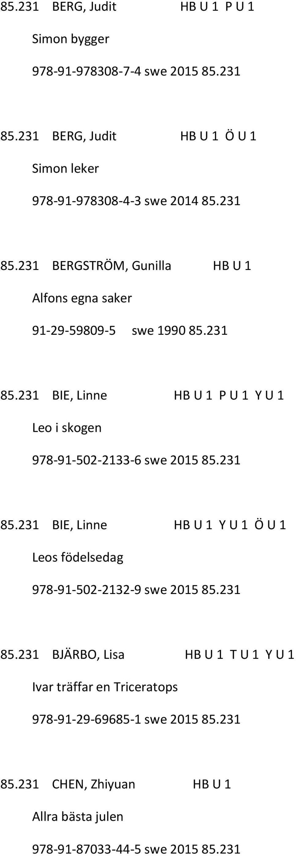 231 BERGSTRÖM, Gunilla HB U 1 Alfons egna saker 91-29-59809-5 swe 1990 85.231 85.