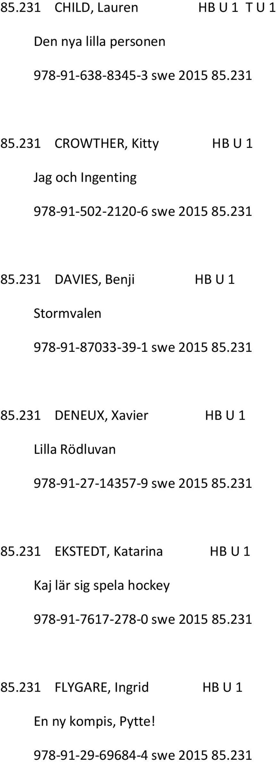 231 DAVIES, Benji HB U 1 Stormvalen 978-91-87033-39-1 swe 2015 85.231 85.